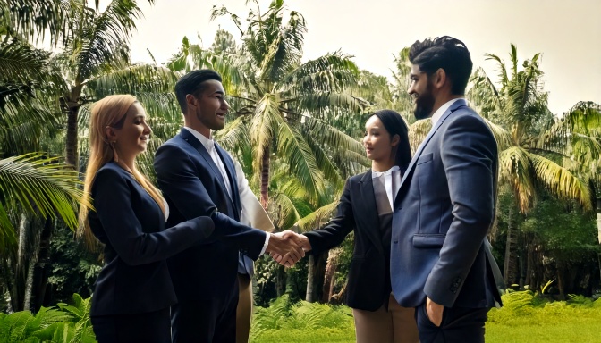Malaysians Shaking Hands With A Palm Forest Backdrop Landscape 1