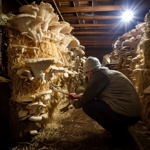 Firefly a lionmane mushroom growing basement with a farmer cutting mushrooms 86286 Firefly a lionmane mushroom growing basement with a farmer cutting mushrooms 86286