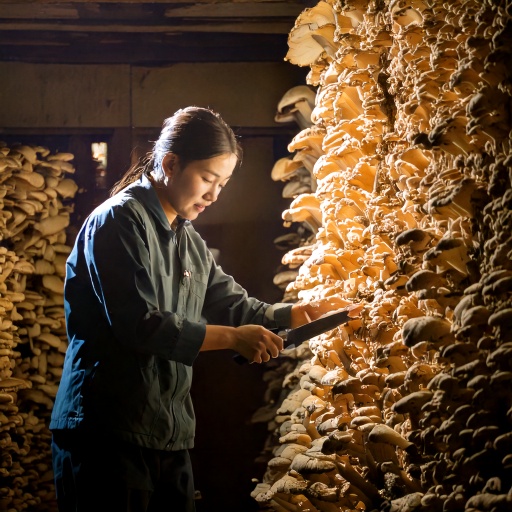 Firefly a lionmane mushroom growing basement with an asian farmer cutting mushrooms 77348